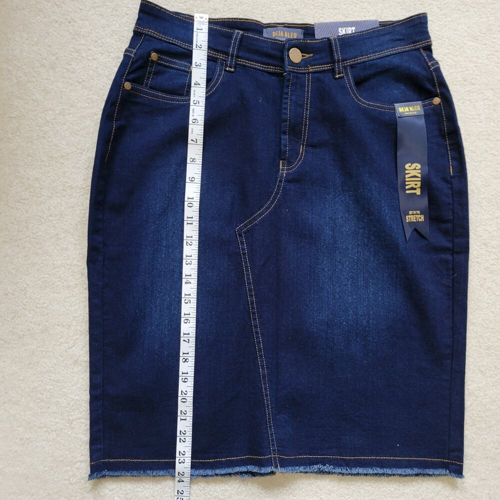NWT Deja Bleu Premium Denim Skirt 12 Knee Straight Pencil Frayed Hem Vent - Picture 9 of 13